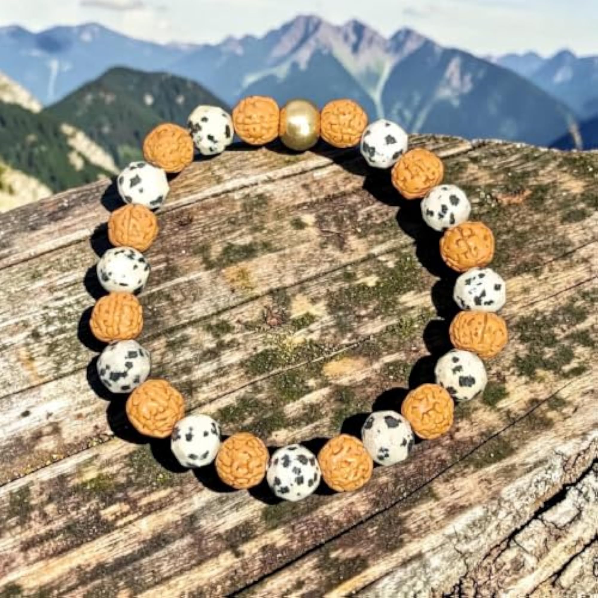 Dalmatian Jasper Diamond Cut & Rudraksha Bracelet 8 MM, Spiritual Accessory